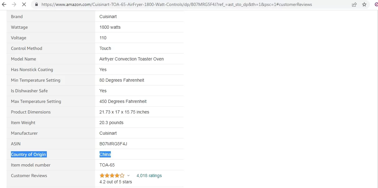 Cuisinart toaster oven TOA 65 - made in China