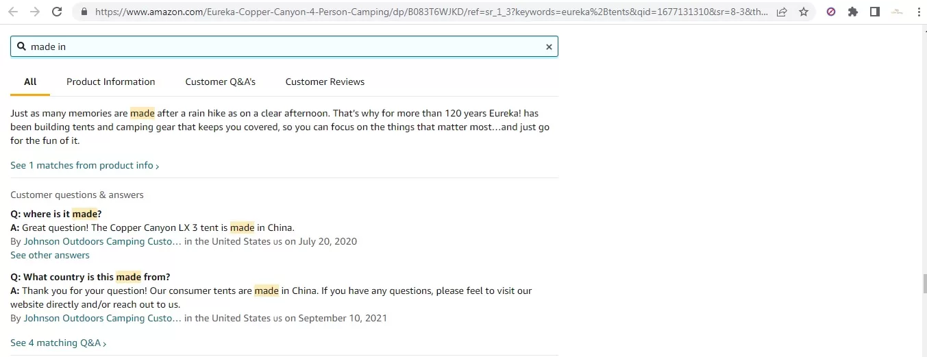 Eureka! tents are made in China