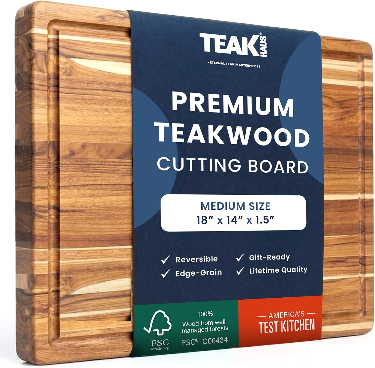 Teakhaus Edge-Grain Teak Wood Cutting Board with Juice Groove, Medium 18 x 14 x 1