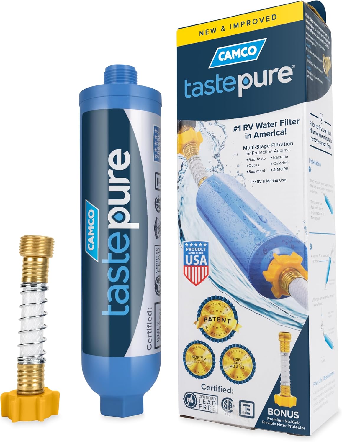 Camco TastePURE RV Water Filter 40043 - KDF/Carbon Inline with Flexible Hose Protector